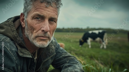 Contemplative and dedicated farmer in a grassy field observing a group of cows and calves, reflecting on the agricultural landscape