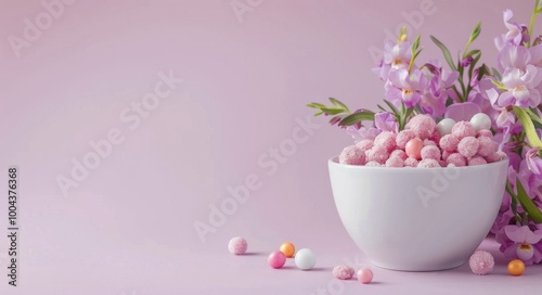 Pastel Candy Bowl Surrounded by Cherry Blossoms in Springtime