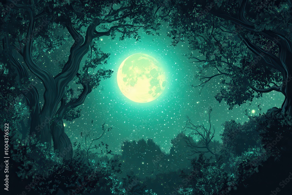 Obraz premium Full Moon Shining Through Silhouetted Trees in a Night Forest