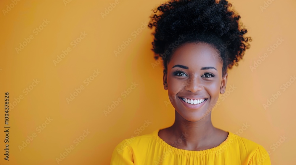 Smiling Woman With Curly Hair in Yellow Top Against Vibrant Yellow Background