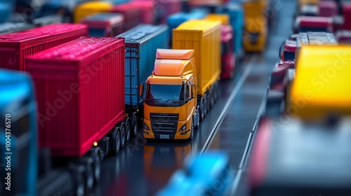 Colorful miniature toy trucks lined up on a reflective surface, creating a vibrant scene of logistics and transportation in a playful scale.