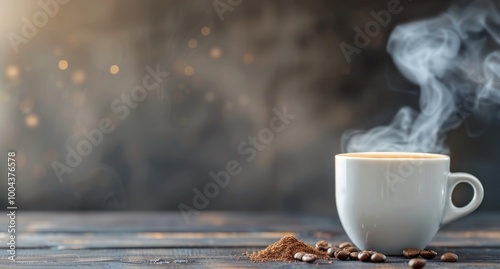 Freshly Brewed Coffee in a Black Cup With Steam Rising on Rustic Wooden Table