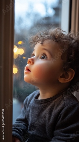 Curious young child gazes upward with wonder, illuminated by soft window light. Curly hair frames innocent face as they peer into the distance, captivated by unseen marvels.