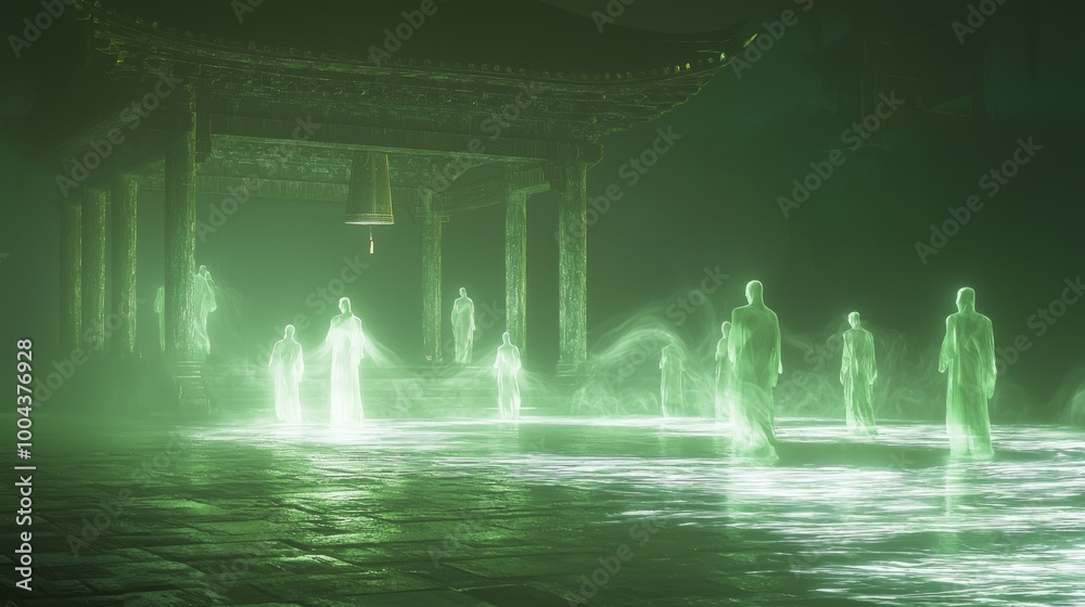 Obraz premium Eerie Ancient Chinese Temple Bell Tolling with Ghostly Figures Gathering in Dark Mythology Scene
