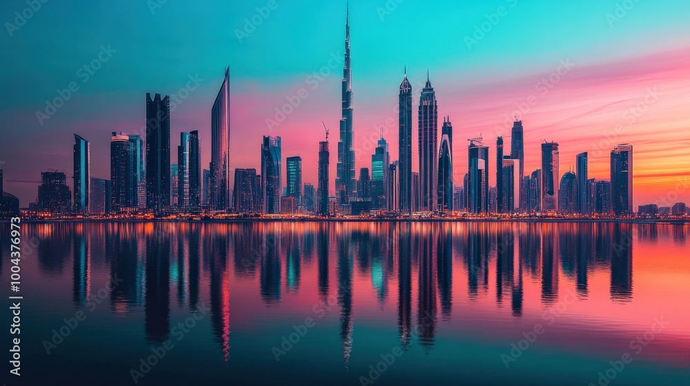 The skyline features sleek skyscrapers against a dusk backdrop, their lights twinkling as they reflect in the calm waters below, creating a captivating urban vista The skyline features sleek skyscrapers against a dusk backdrop, their lights twinkling as they reflect in the calm waters below, creating a captivating urban vista