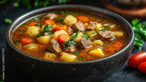 warm vegetable soup with chunks of meat in a rustic bowl inviting the viewer to enjoy homecooked comfort food accentuated by earthy tones and a cozy atmosphere