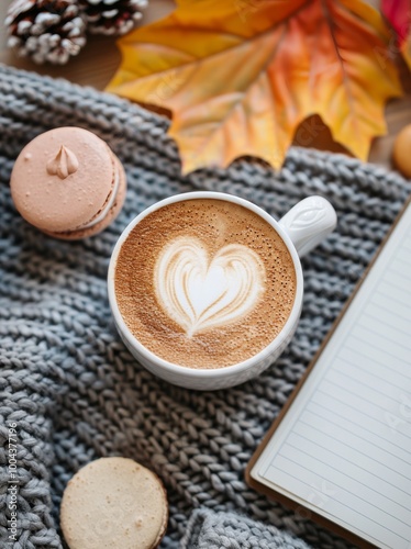 Warm Coffee With Heart Latte Art and Macarons on Cozy Knit Blanket in Autumn