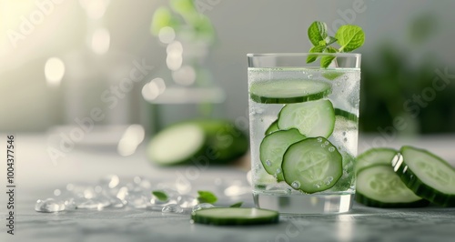 Refreshing Cucumber Mint Beverage With Ice in Glass on Modern Kitchen Counter