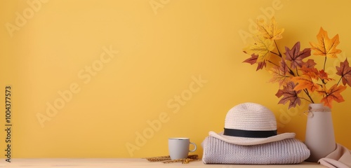 Autumn Leaves and Straw Hat on Warm Yellow Background
