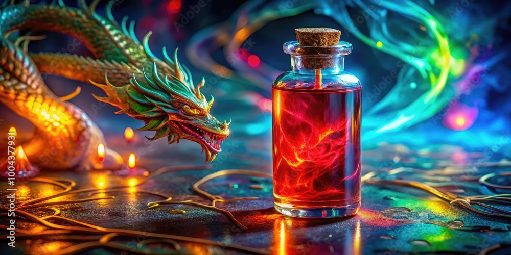 Vivid Dragon Blood Liquid in Glass Vial with a Mysterious and Enigmatic Fantasy Theme Background Vivid Dragon Blood Liquid in Glass Vial with a Mysterious and Enigmatic Fantasy Theme Background