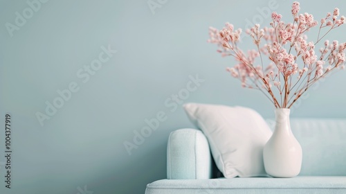 Modern Living Room Decor With Cherry Blossom Branch and Soft Blue Couch in Co...