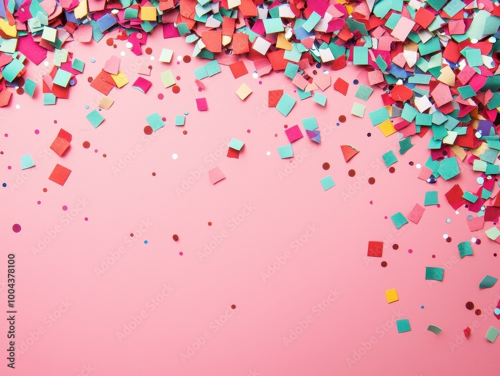 Colorful paper confetti scattered over a pink background, perfect for celebrations and festive occasions. Colorful paper confetti scattered over a pink background, perfect for celebrations and festive occasions.