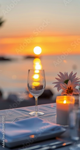 Romantic Sunset Dining Experience by the Beach With Wine Glasses and Candles