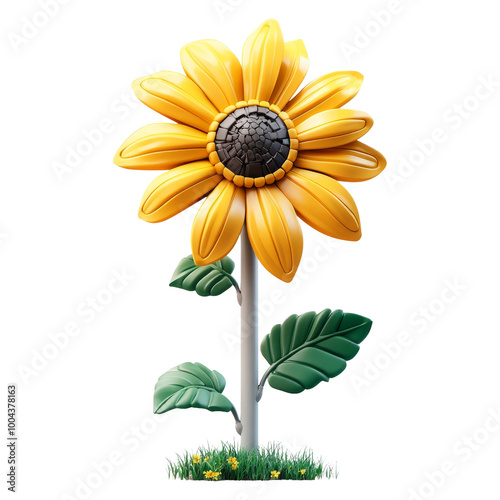 Realistic Sunflower on Transparent Background with Vibrant Yellow Petals and Green Leaves photo