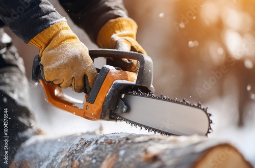 Person cuts through a log with a chainsaw in a forest during daylight