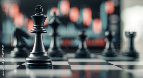 Black Chess King on Board With Stock Chart Background