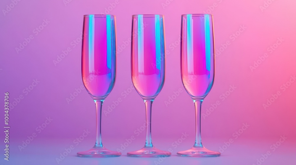 Three elegant champagne flutes with colorful reflections on a gradient background. Three elegant champagne flutes with colorful reflections on a gradient background.