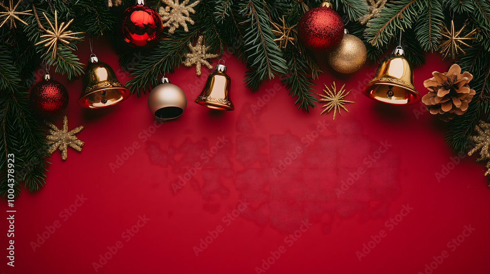 Festive Christmas Frame with Baubles, Stars, and Tinsel on Red Background – Top-Only Design Festive Christmas Frame with Baubles, Stars, and Tinsel on Red Background – Top-Only Design
