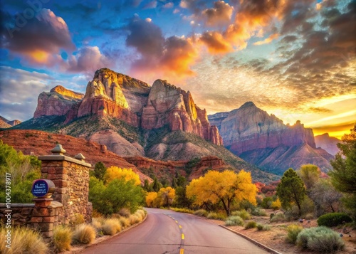 Welcome Sign at Zion National Park Entrance in Utah Before Sunset on October 21, 2018