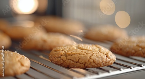 Freshly Baked Cookies Cooling on a Wire Rack in a Cozy Kitchen