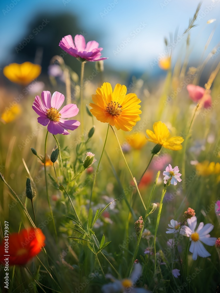 colorful wildflowers in a meadow with a soft breeze slightly moving the petals, creating a serene and lively atmosphere