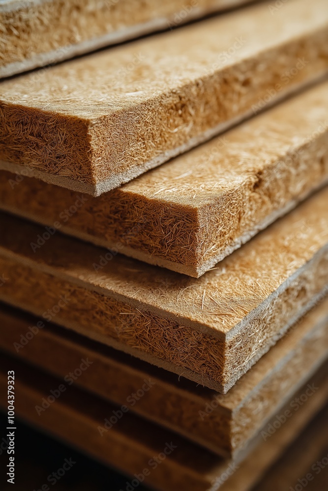 Stacked fiberboard panels with a rough texture, highlighting the natural fibers and compressed layers