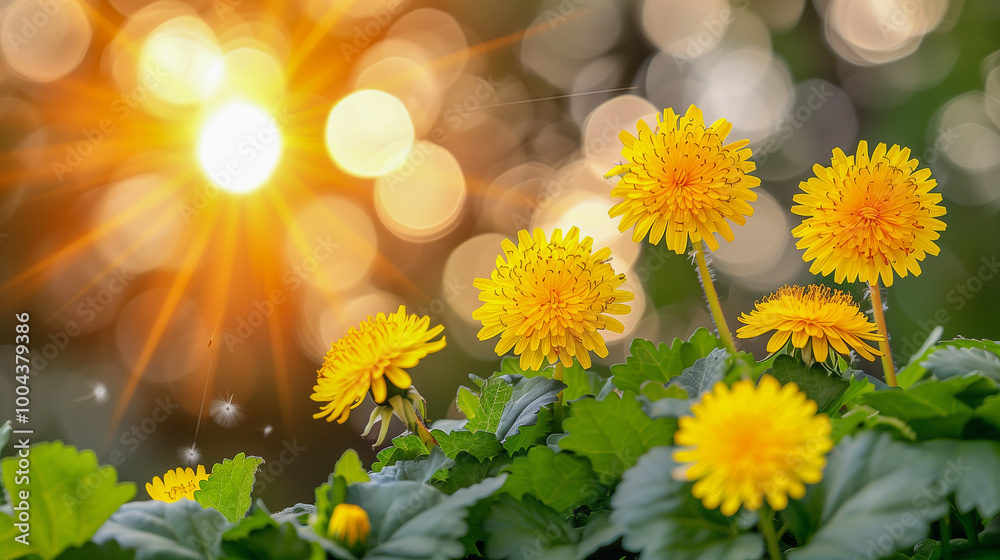 Bright yellow dandelions basking in the warm glow of the setting sun.. Bright yellow dandelions basking in the warm glow of the setting sun..