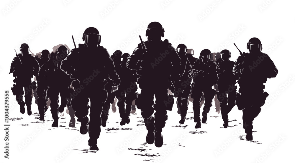 Naklejka premium vector silhouette of a group of military police officers with weapons on a white background .Generative AI