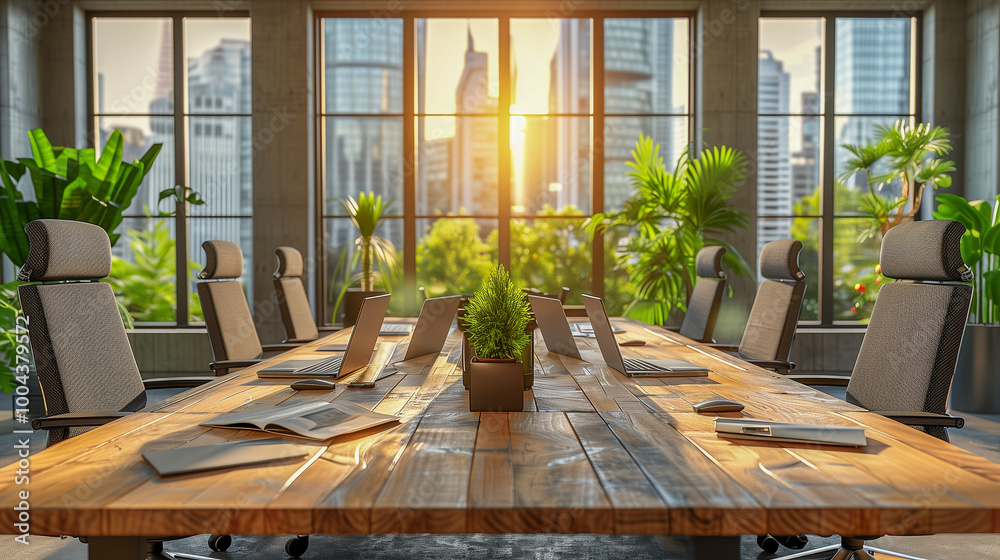 Fototapeta premium Modern Conference Room with Wooden Table and City View..