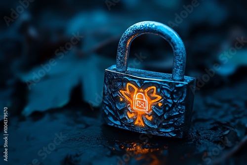 A magical padlock glowing with enchanted energy, guarding messages in a fantasy-inspired anonymous communication system photo