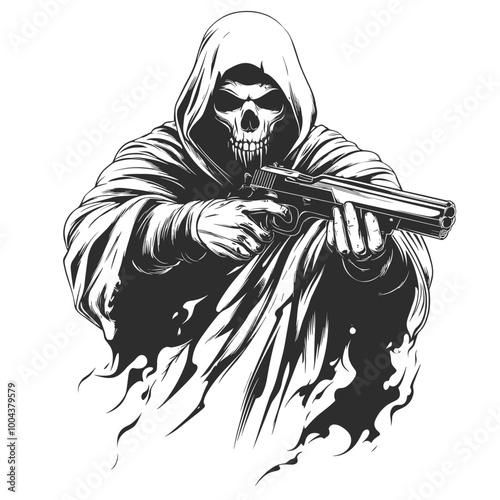 vector skull in a robe with a machine gun on a white background tattoo .Generative AI