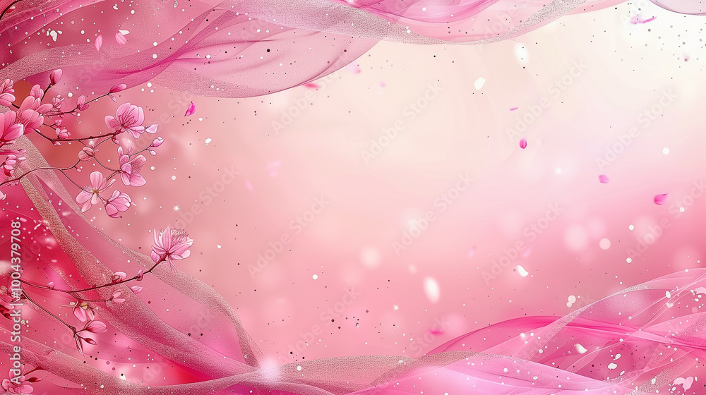 Delicate Pink Blossoms with Flowing Sheer Fabric and Petals on Soft Background.. Delicate Pink Blossoms with Flowing Sheer Fabric and Petals on Soft Background..