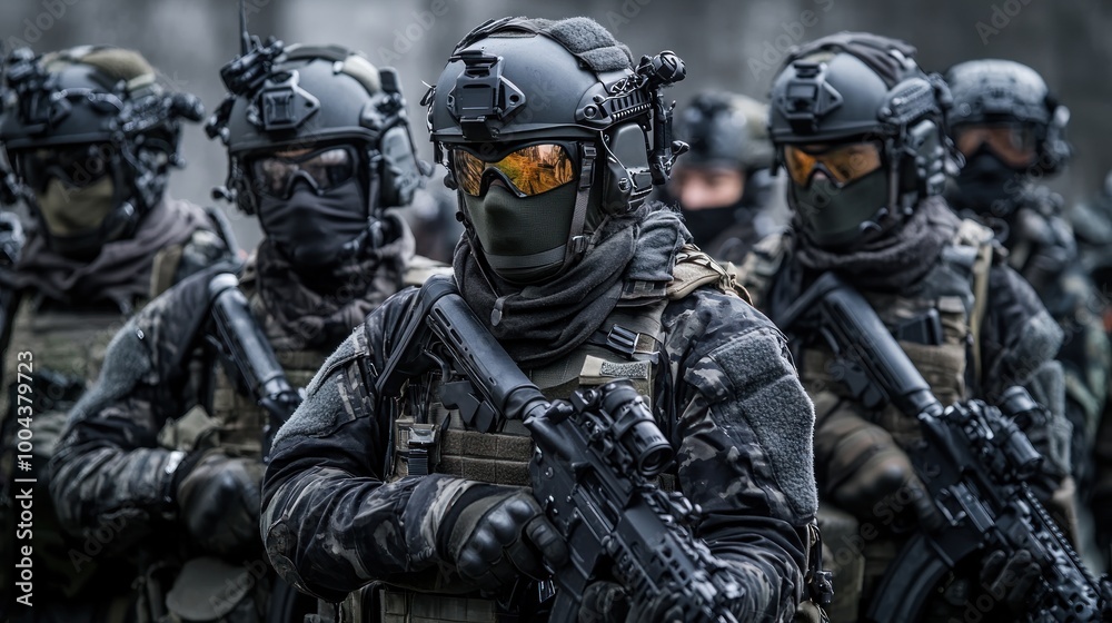 A group of armed soldiers in tactical gear preparing for a mission. A group of armed soldiers in tactical gear preparing for a mission.