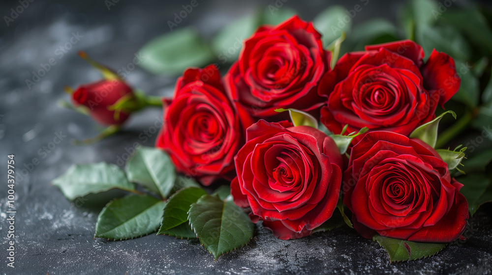 Beautiful bouquet of red roses with lush green leaves on a dark surface.. Beautiful bouquet of red roses with lush green leaves on a dark surface..