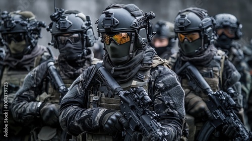A group of armed soldiers in tactical gear preparing for a mission.