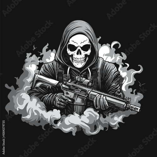 vector skull in a robe with a machine gun on a white background tattoo .Generative AI