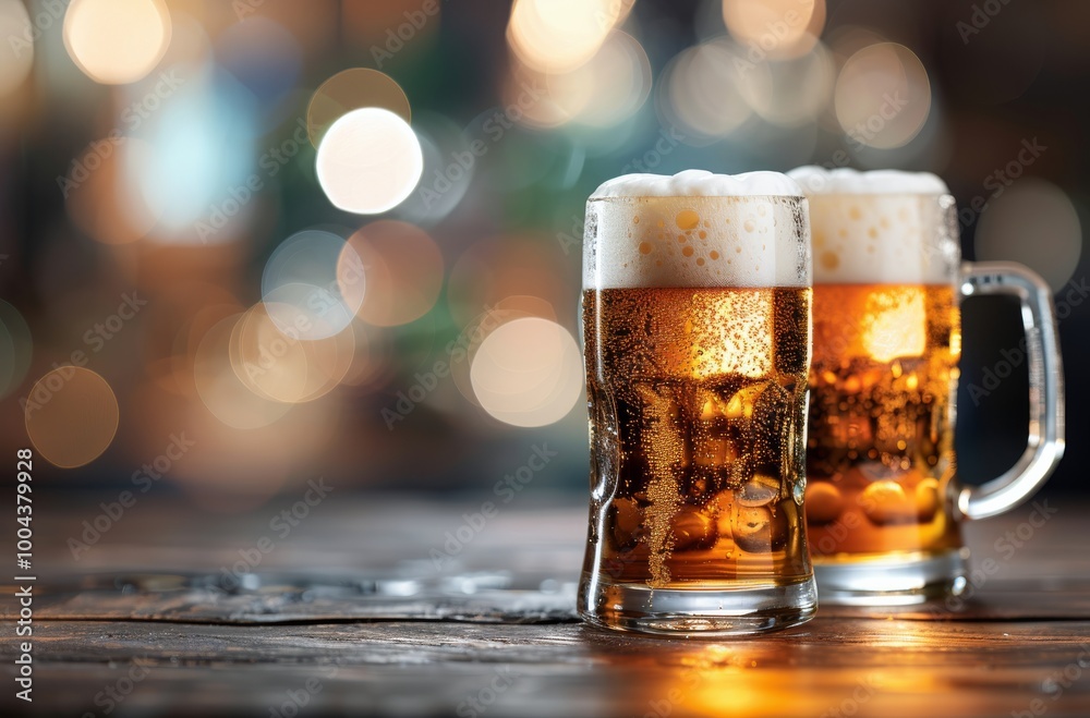 Refreshing Glasses of Cold Beer on Wooden Bar During Evening Gathering Refreshing Glasses of Cold Beer on Wooden Bar During Evening Gathering