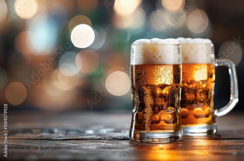 Refreshing Glasses of Cold Beer on Wooden Bar During Evening Gathering