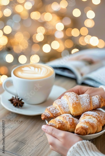 Warm Croissants and Coffee on a Cozy Table With Soft Bokeh Lights
