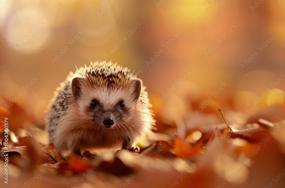 Hedgehog Foraging Among Autumn Leaves in Sunlit Forest