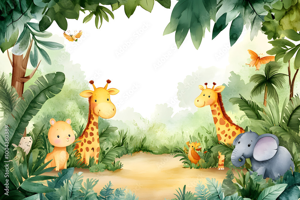 Fototapeta premium Cute cartoon safari zoo with animal frame border on background in watercolor style.