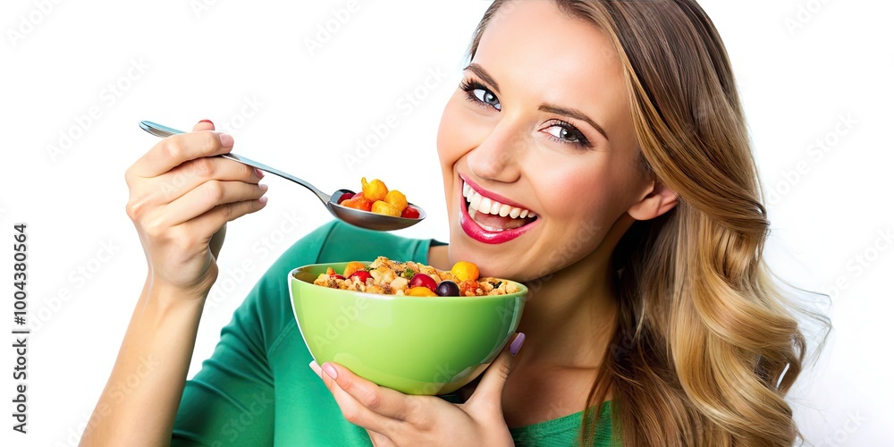 Woman Enjoying a Healthy Breakfast with Cereal in a Bowl Isolated on White Background for Stock Use Woman Enjoying a Healthy Breakfast with Cereal in a Bowl Isolated on White Background for Stock Use