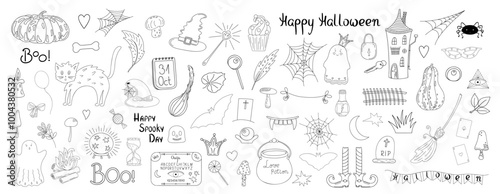 Halloween set doodle autumn holiday celebration decor, cute spooky illustration, trendy holiday symbol witch hat, poison, teeth, stocking, feather, boo, mushroom, haunted house, ouija, cobweb, pumpkin