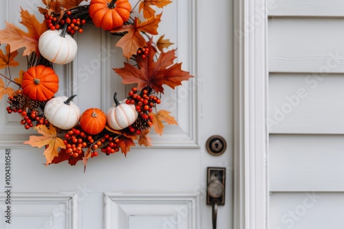Autumn Gift Box Decorated With Pumpkin and Leaves on Porch Steps