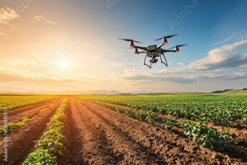 Exploring modern agriculture with drone technology over vibrant fields at sunset. Generative AI