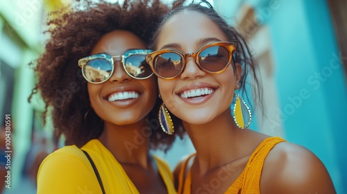Two friends smiling together on a bustling city street in daylight