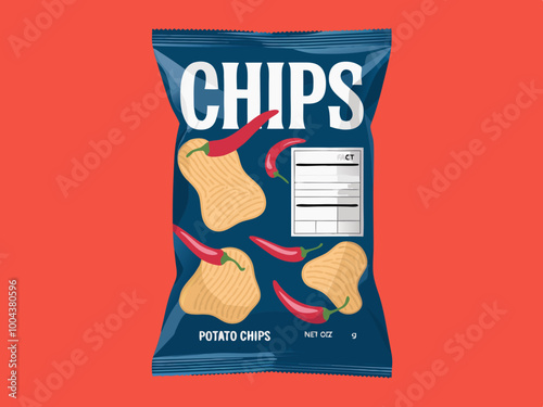 Blue bag of spicy potato chips with chili peppers