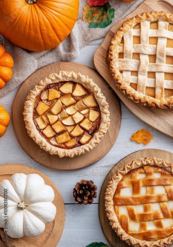 Autumn dessert display featuring various homemade pies and seasonal decorations