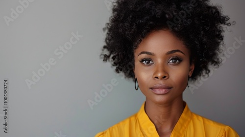 Smiling Woman With Curly Hair in Yellow Top Against Vibrant Yellow Background