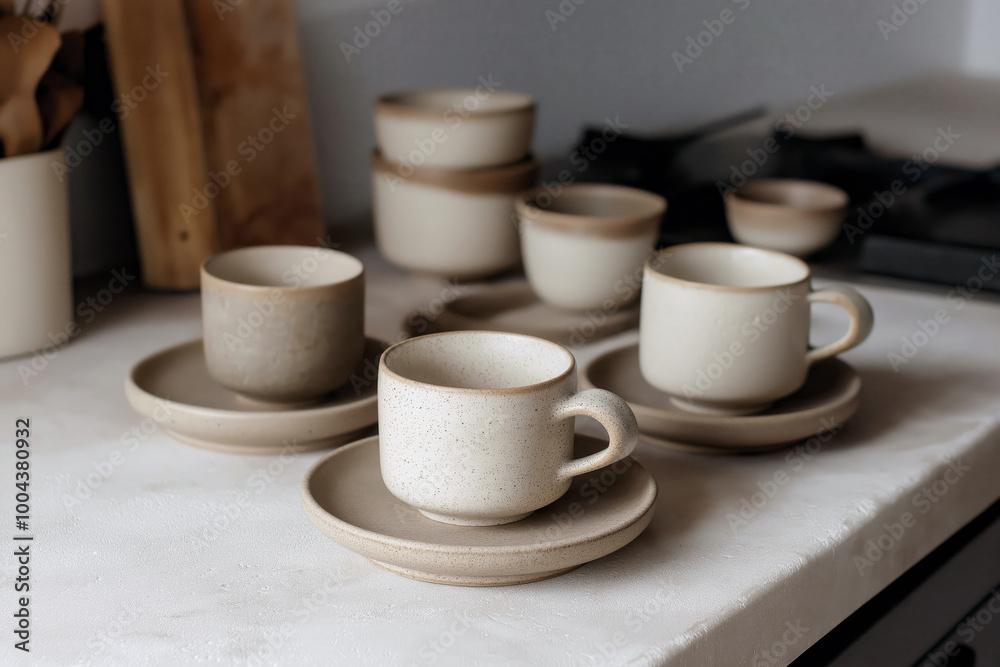 A minimalist arrangement of handmade ceramic cups and saucers in neutral tones, placed on a stone countertop. A minimalist arrangement of handmade ceramic cups and saucers in neutral tones, placed on a stone countertop.